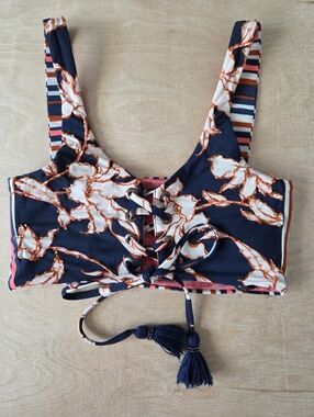 Maaji x Rapsodia Floral Navy Orange Beaded Lace Up Bikini Top